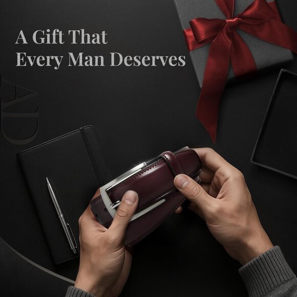 Genuine Wine Red Leather Dress Belt for Men Tan Men Belt for Suits Jeans Uniform - Picture 4 of 7